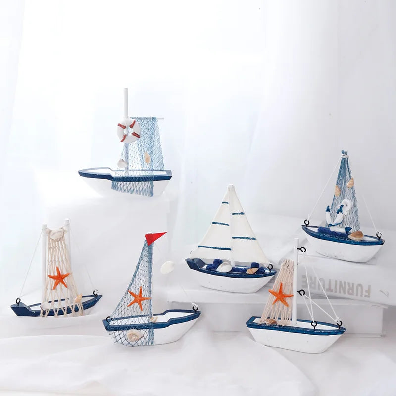 Mediterranean Wooden Model Ships Micro Landscape Sailing Fishing Boat Garden Miniature Figurines DIY Nautical Home Decoration
